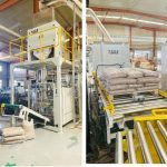 15KG لکڑی کے چھرے وزنی فلنگ بیگنگ پیلیٹائزنگ لائن ڈیلیوری کے لیے تیار ہے۔